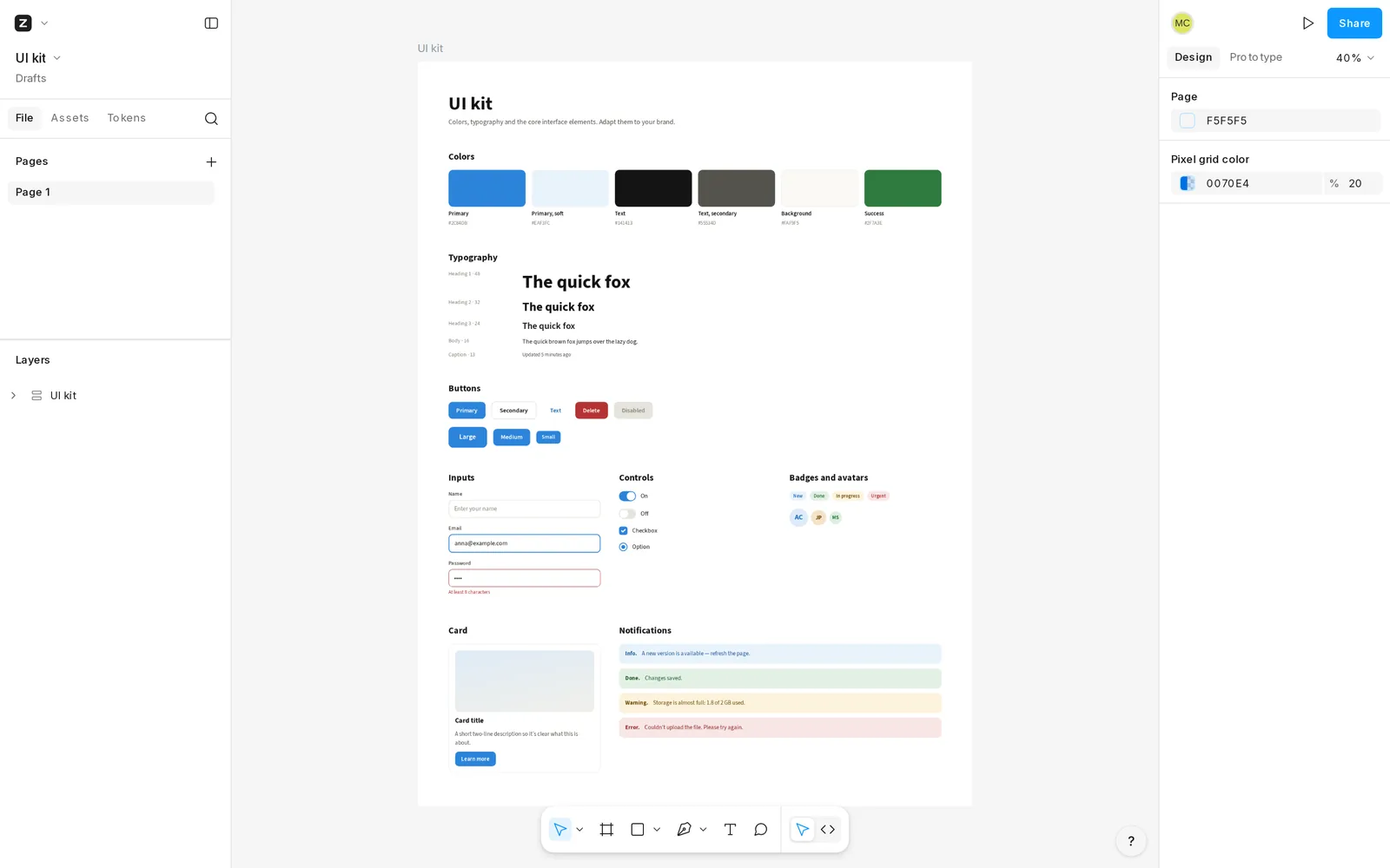 A UI kit in zvena Design: colors, type, buttons, inputs and cards