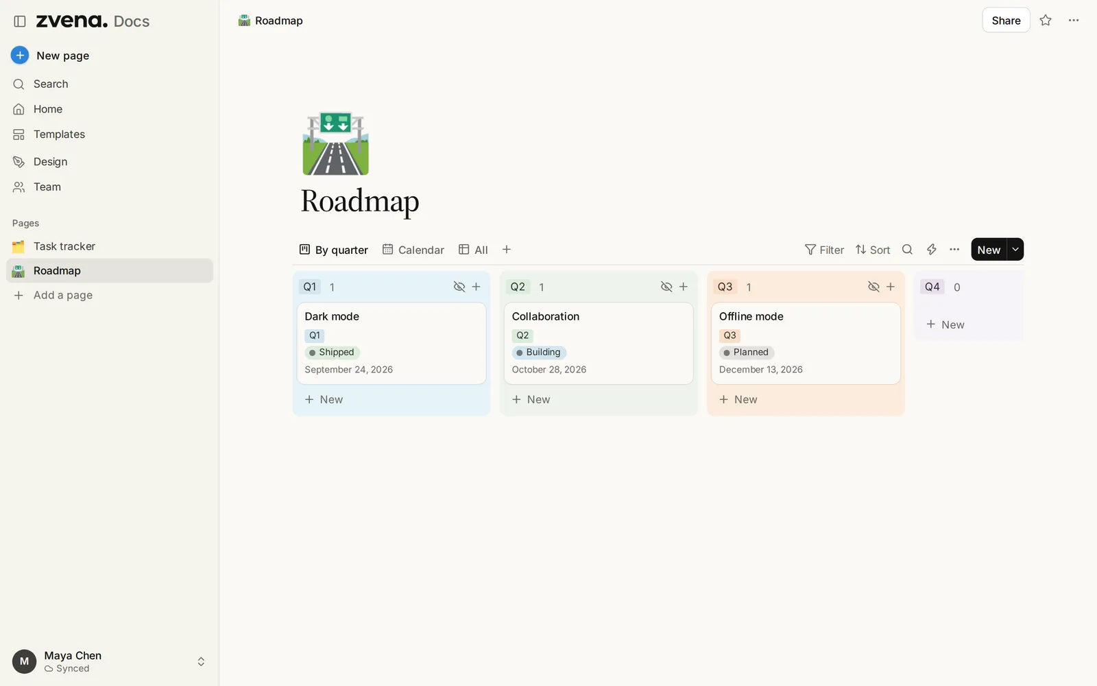 A roadmap database grouped by quarter