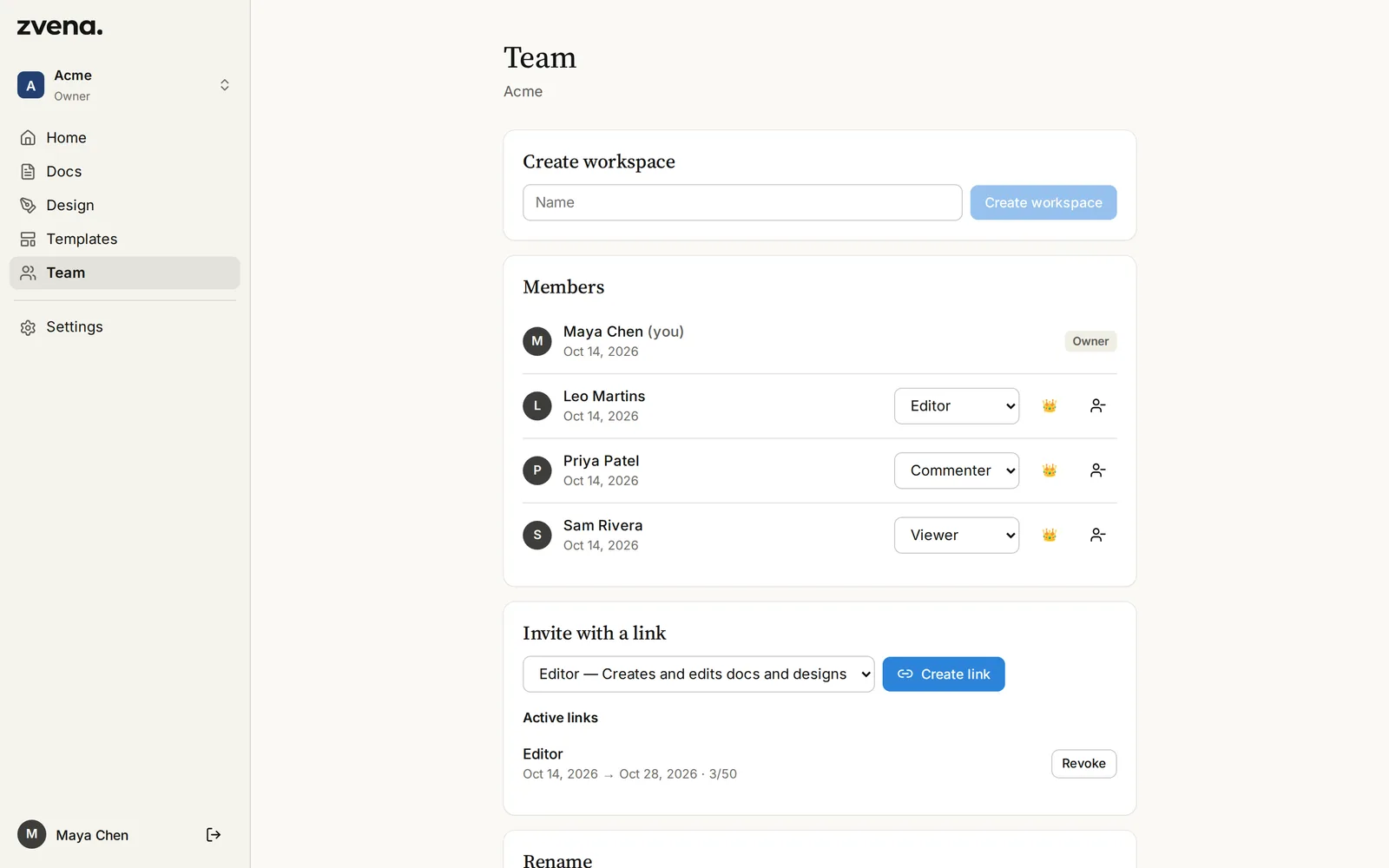 A team workspace with members in different roles and an invite link